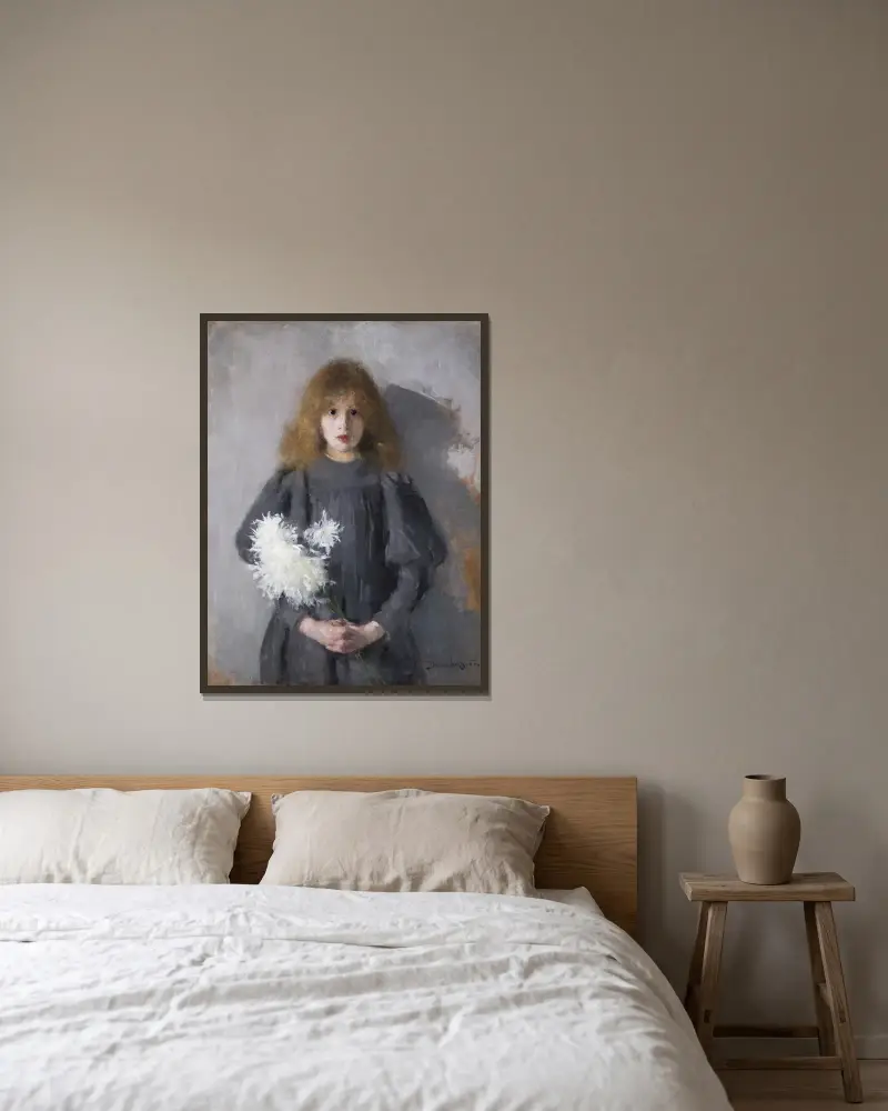 Flicka med krysantemum av Olga Boznanska inramad på en vägg