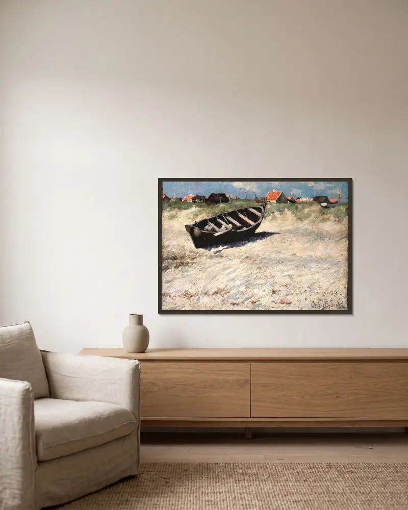 Boot am Südufer von Skagen von Oscar Björck gerahmt an einer Wand