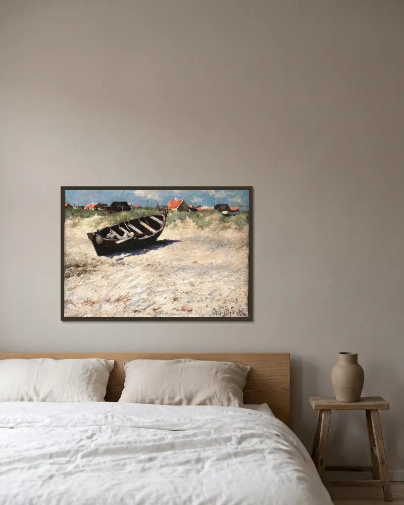 Boot am Südufer von Skagen von Oscar Björck gerahmt an einer Wand