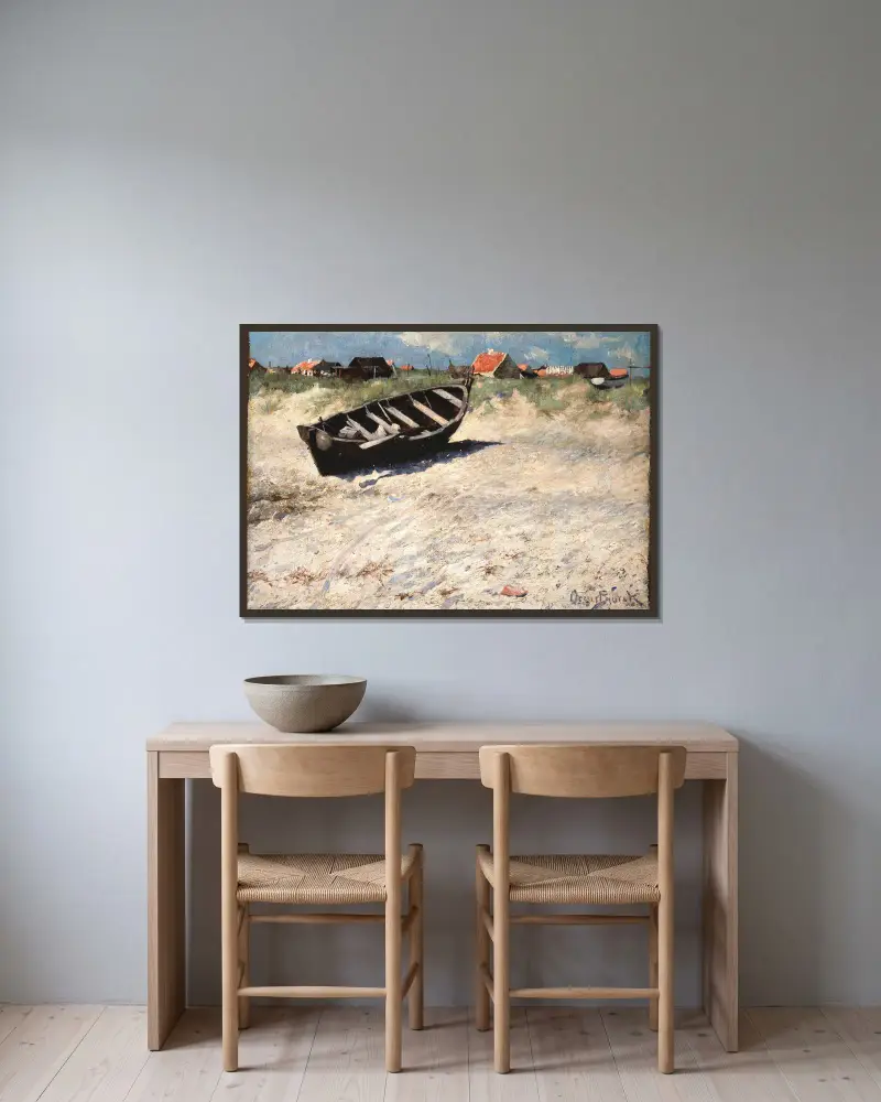 Boot am Südufer von Skagen von Oscar Björck gerahmt an einer Wand