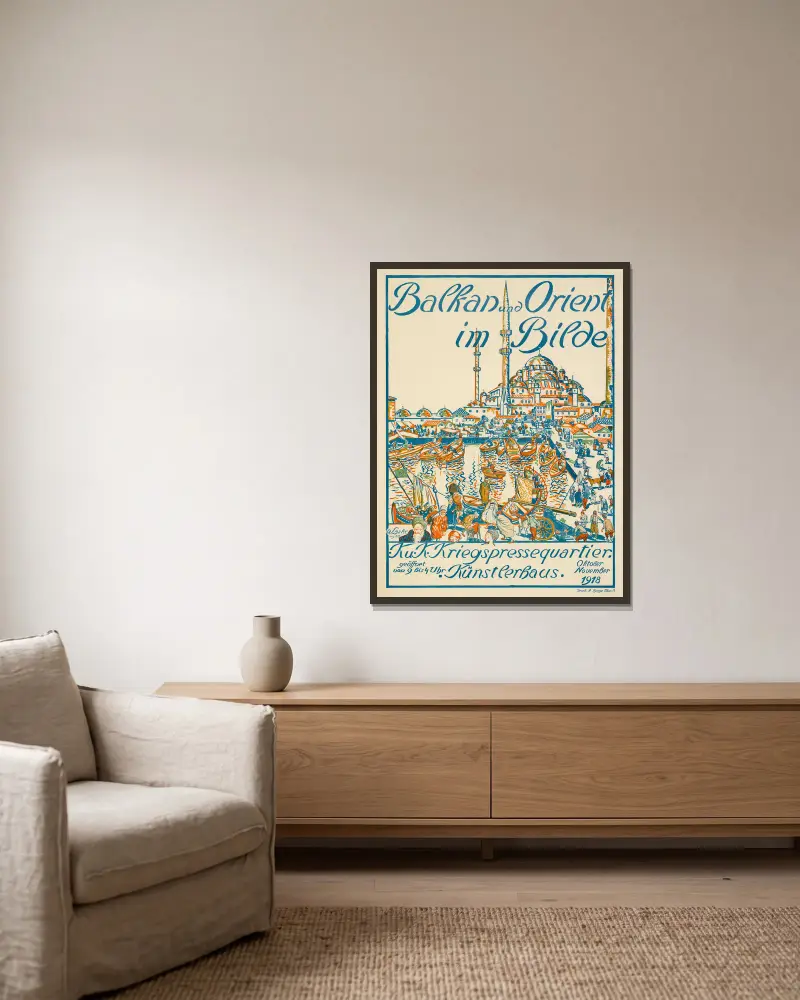 Plakat der Ausstellung 'Balkan und Orient im Bilde' im Künstlerhaus in Wien von Oskar Laske gerahmt an einer Wand