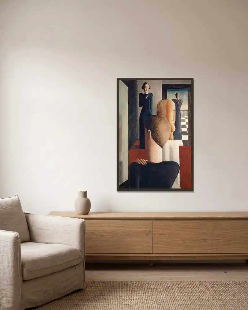 Interior with Five Figures, Roman av Oskar Schlemmer inramad på en vägg