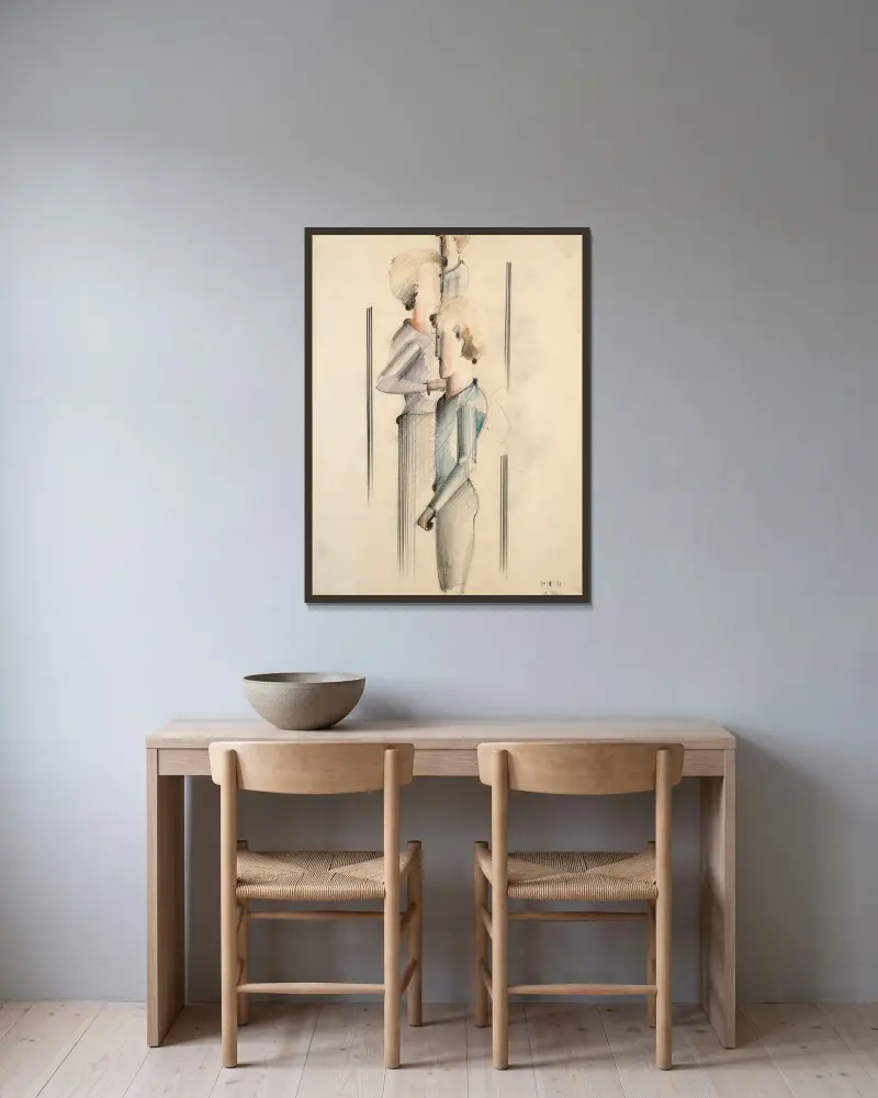 Drei Figuren von Oskar Schlemmer gerahmt an einer Wand