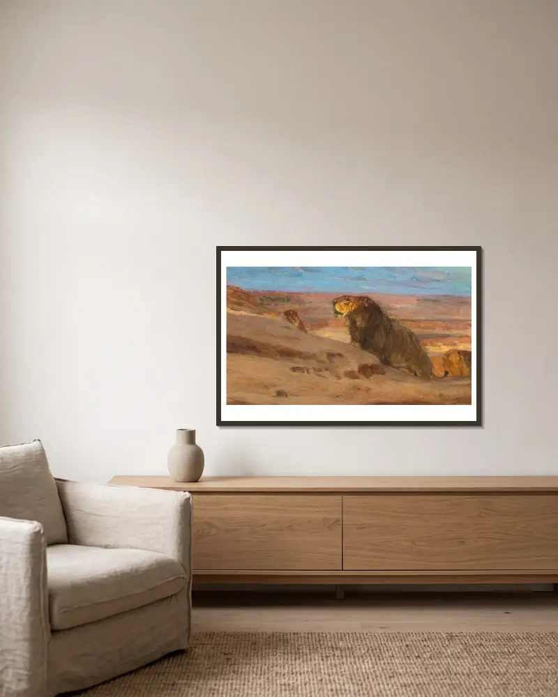 Löwen in der Wüste von Henry Ossawa Tanner gerahmt an einer Wand