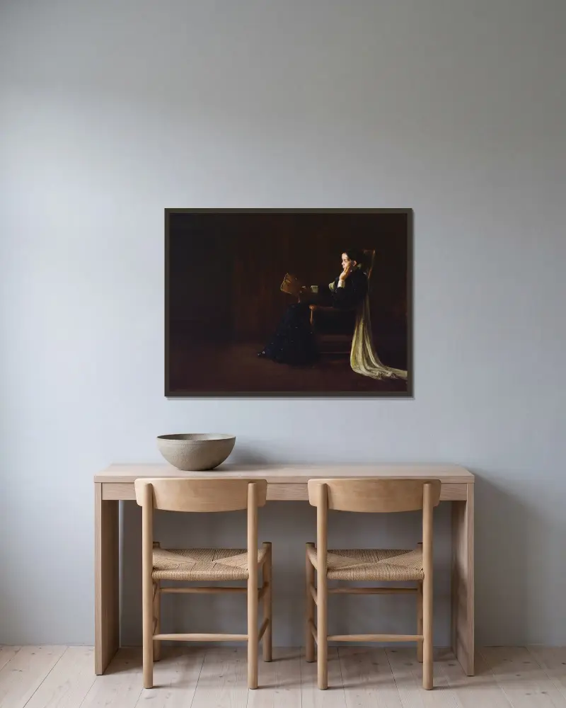 Porträtt av konstnärens mor av Henry Ossawa Tanner inramad på en vägg
