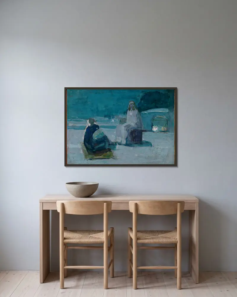 Studie till Kristus och Nikodemus på ett tak av Henry Ossawa Tanner inramad på en vägg
