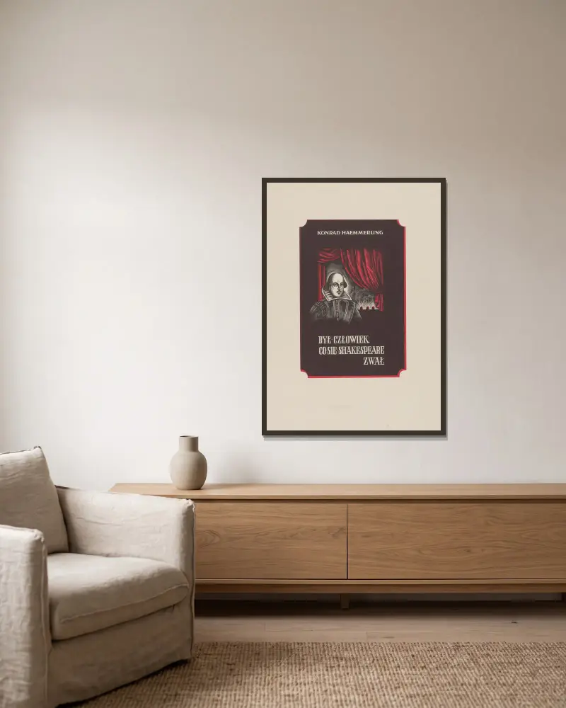 Buchumschlag zu Był człowiek, co się Shakespeare zwał von Konrad Haemmerling, 1939 – Nr. 2 von Stanisław Ostoja-Chrostowski gerahmt an einer Wand