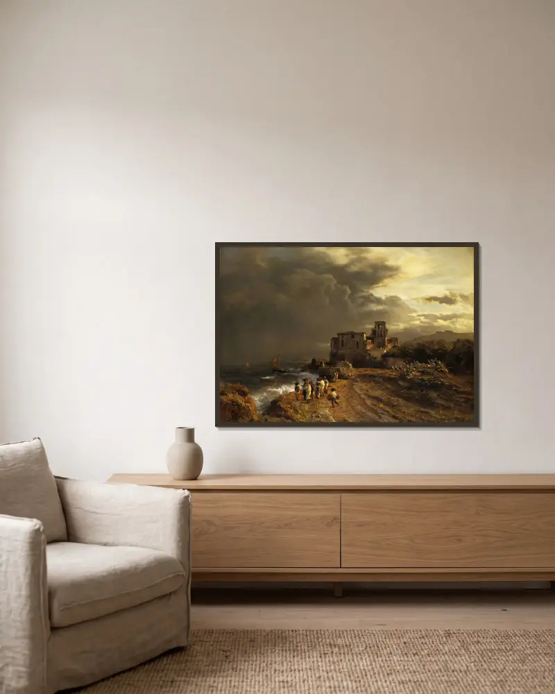Abziehender Sturm an der italienischen Küste von Oswald Achenbach gerahmt an einer Wand