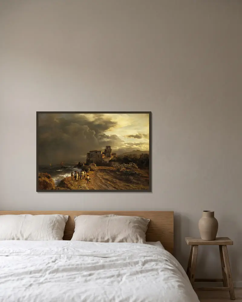Abziehender Sturm an der italienischen Küste von Oswald Achenbach gerahmt an einer Wand