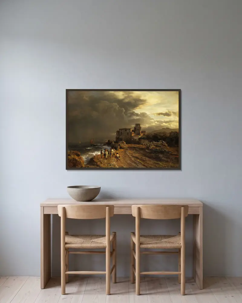 Abziehender Sturm an der italienischen Küste von Oswald Achenbach gerahmt an einer Wand