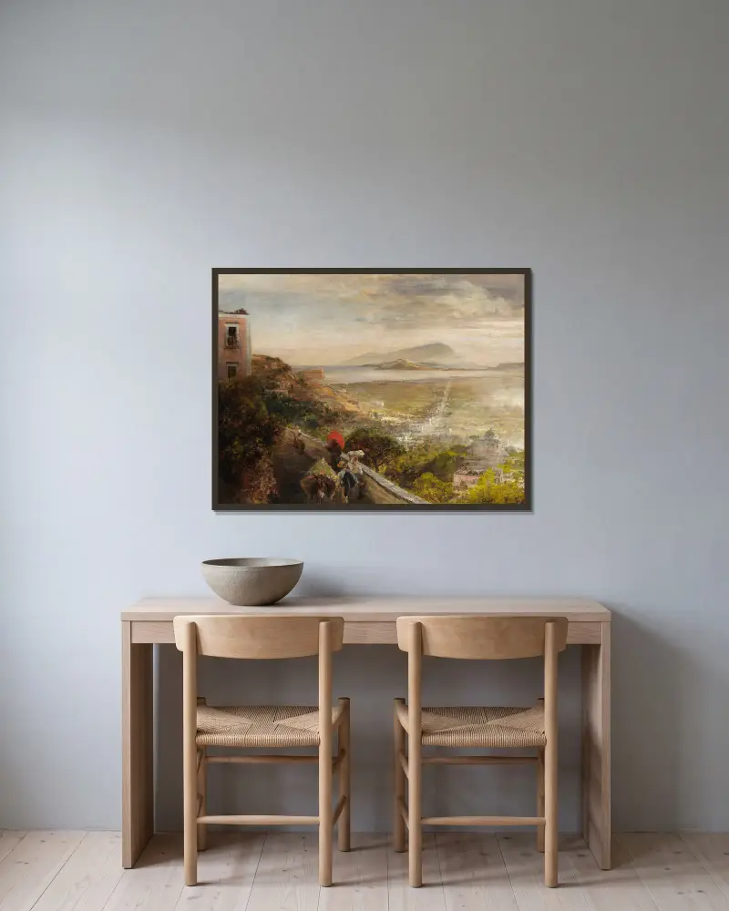 Vy över Neapelbukten av Oswald Achenbach inramad på en vägg