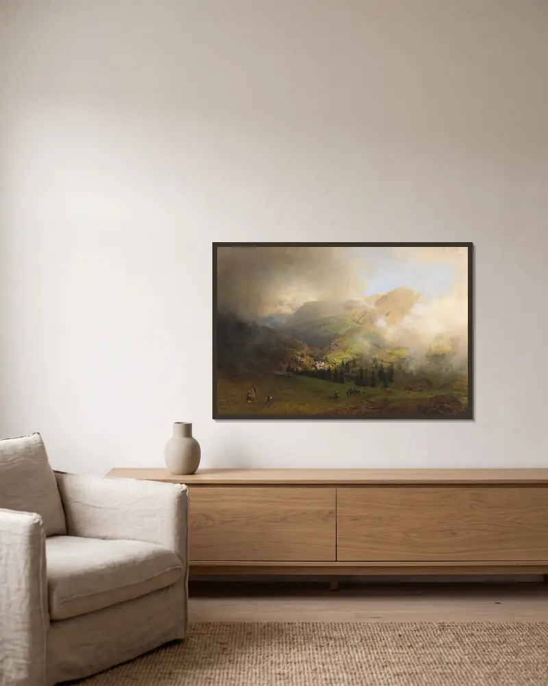 Pohled na Rigi, Oswald Achenbach v rámu na stěně