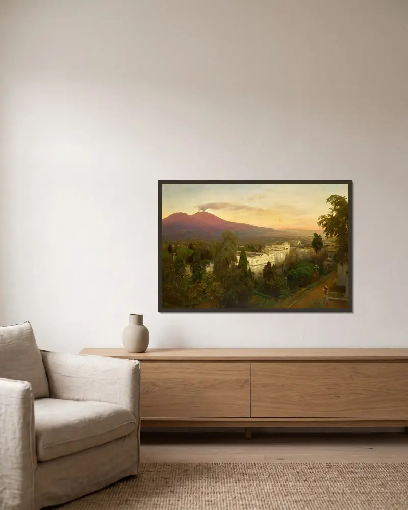 Campo Santo in Poggioreale, der Vesuv im Hintergrund von Oswald Achenbach gerahmt an einer Wand