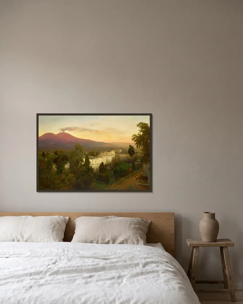 Campo Santo in Poggioreale, der Vesuv im Hintergrund von Oswald Achenbach gerahmt an einer Wand