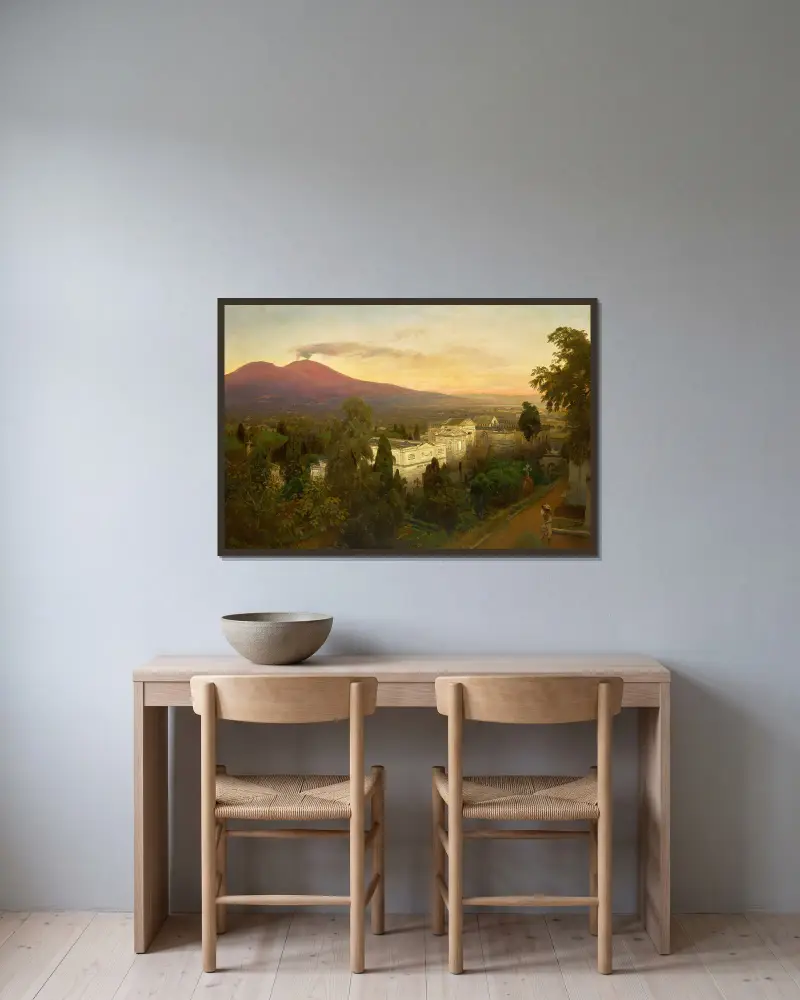 Campo Santo in Poggioreale, der Vesuv im Hintergrund von Oswald Achenbach gerahmt an einer Wand