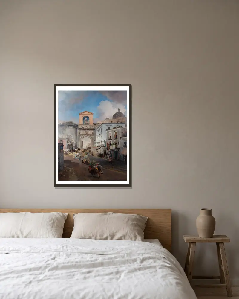 Auf dem Weg zum Markt von Oswald Achenbach gerahmt an einer Wand