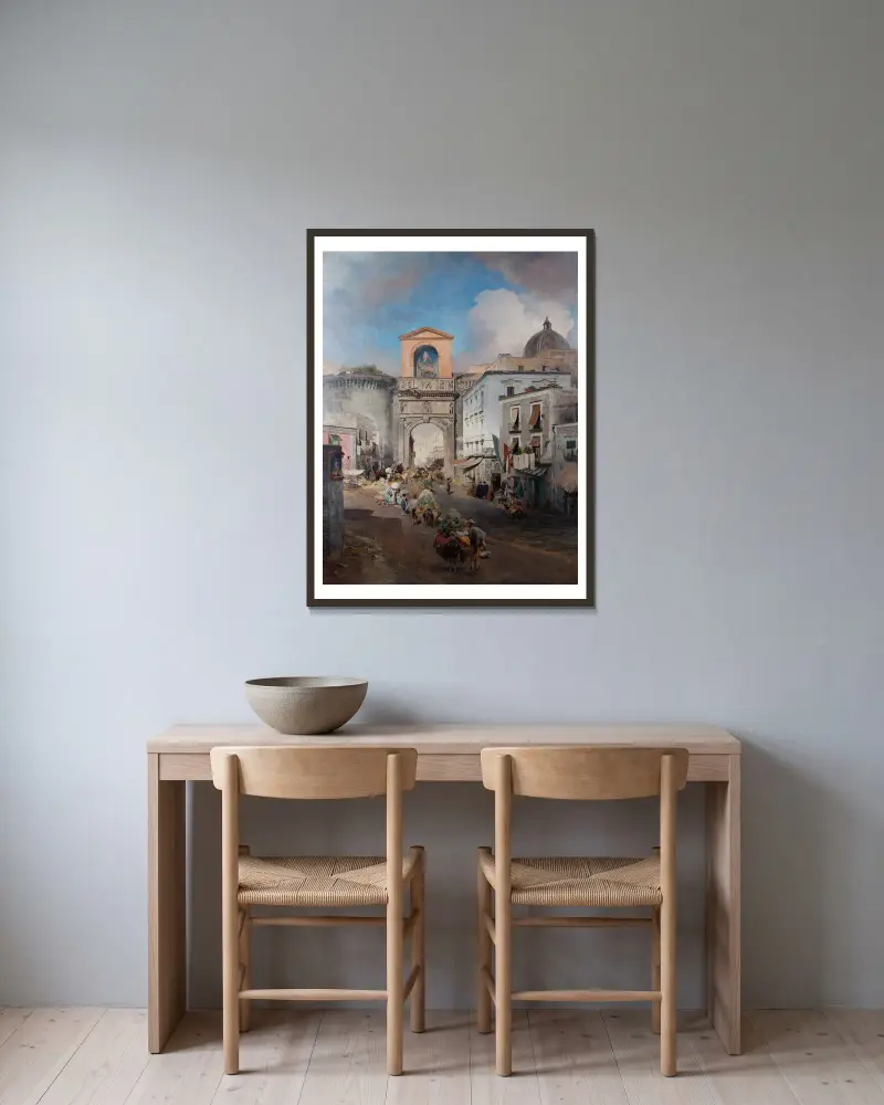 Auf dem Weg zum Markt von Oswald Achenbach gerahmt an einer Wand