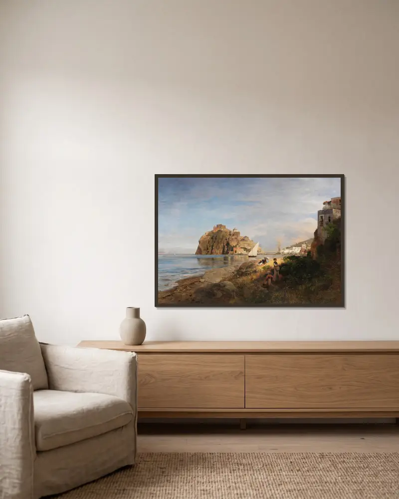 Ischia med utsikt mot Castello Aragonese av Oswald Achenbach inramad på en vägg