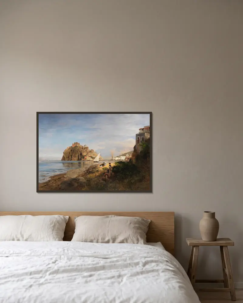 Ischia med utsikt mot Castello Aragonese av Oswald Achenbach inramad på en vägg