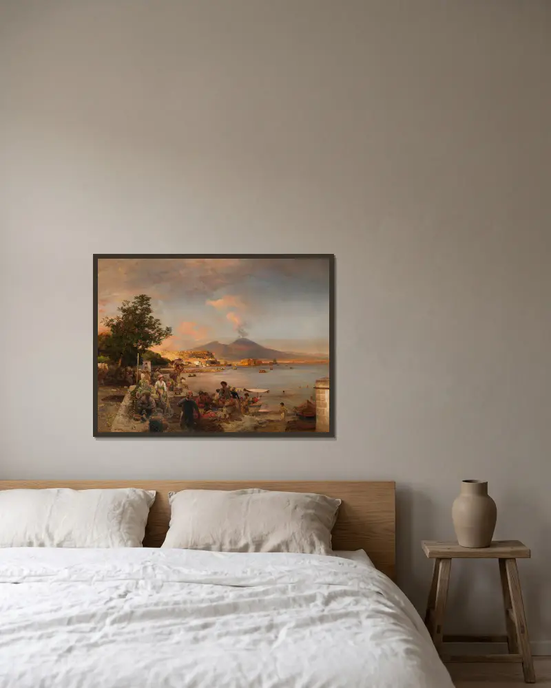 Marktszene bei Neapel mit Blick auf den Vesuv von Oswald Achenbach gerahmt an einer Wand