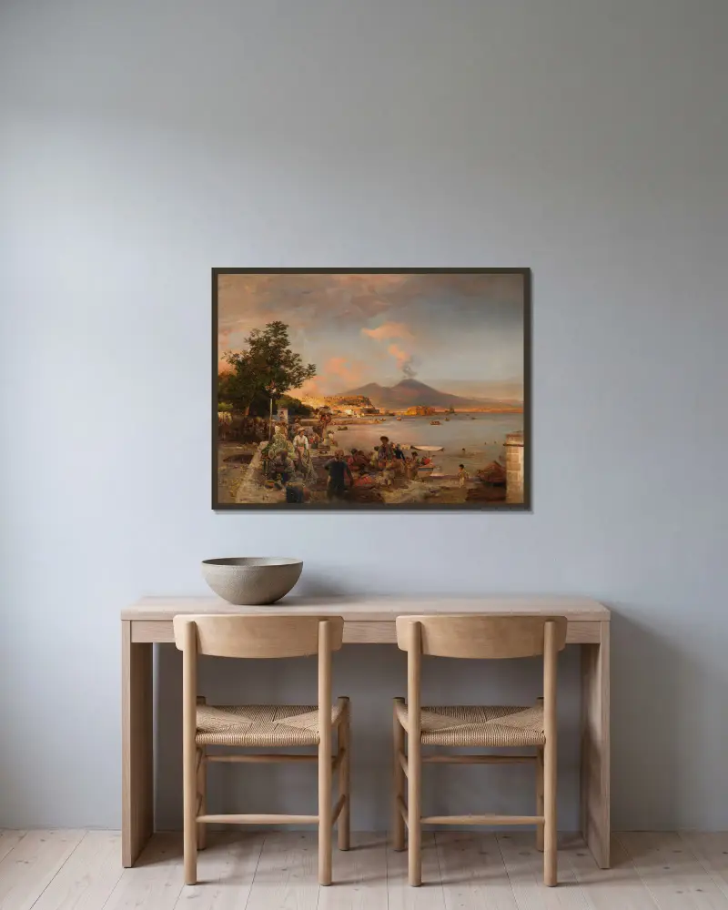 Marktszene bei Neapel mit Blick auf den Vesuv von Oswald Achenbach gerahmt an einer Wand