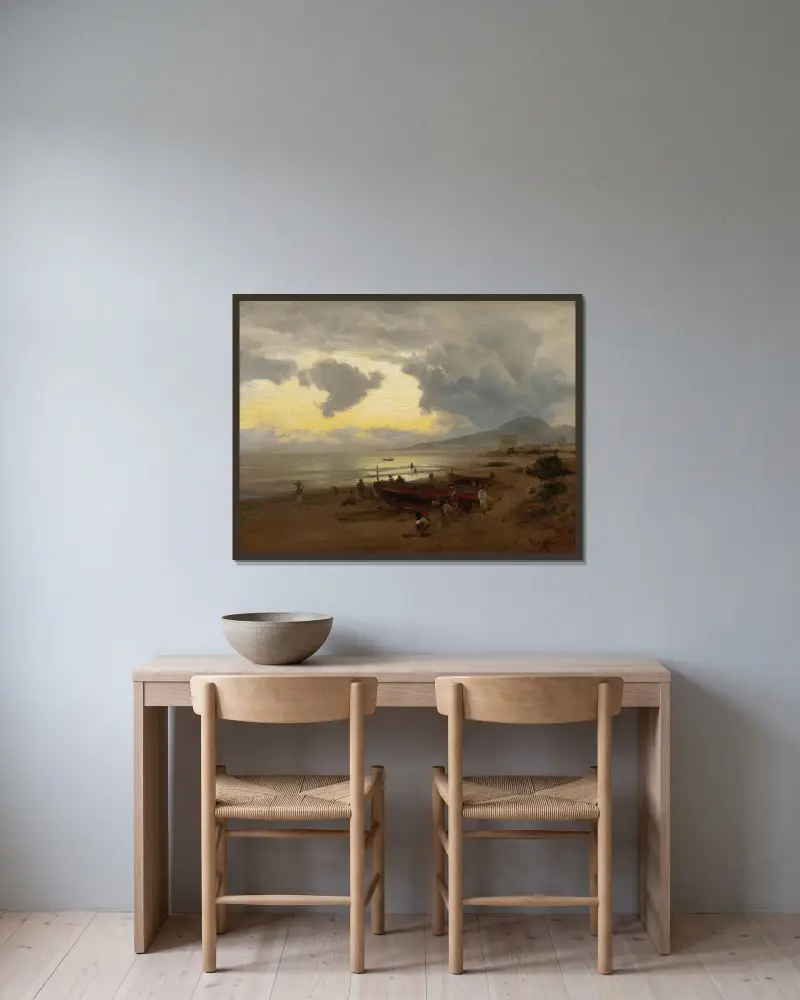 Sonnenuntergang am Strand von Oswald Achenbach gerahmt an einer Wand