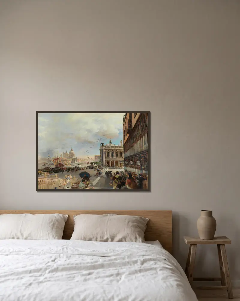 Venedig, Blick auf die Piazzetta mit der Biblioteca Marciana, Santa Maria della Salute und der Dogana von Oswald Achenbach gerahmt an einer Wand