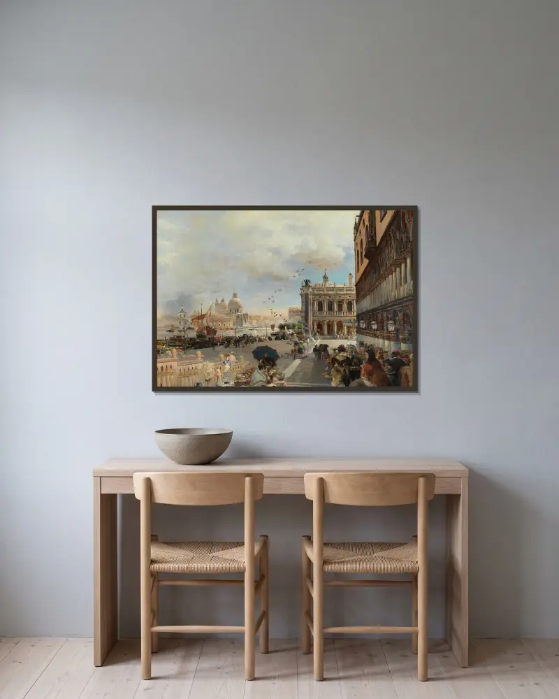 Venedig, Blick auf die Piazzetta mit der Biblioteca Marciana, Santa Maria della Salute und der Dogana von Oswald Achenbach gerahmt an einer Wand