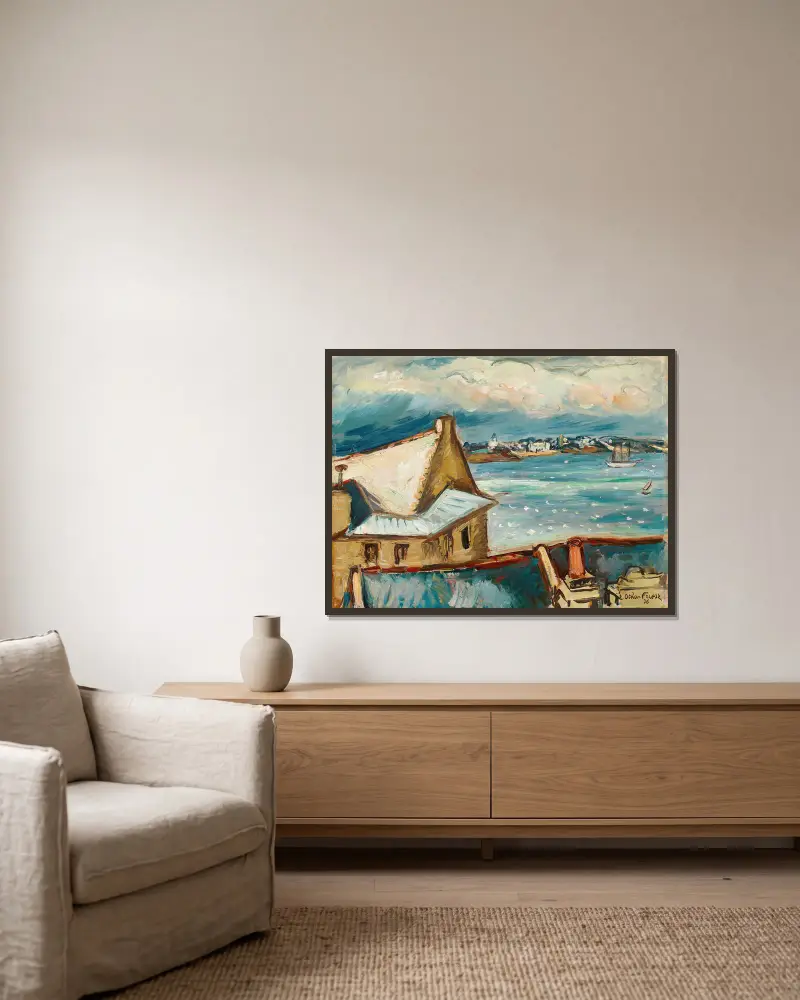Flodstrand med hus och segelfartyg av Emile Othon Friesz inramad på en vägg