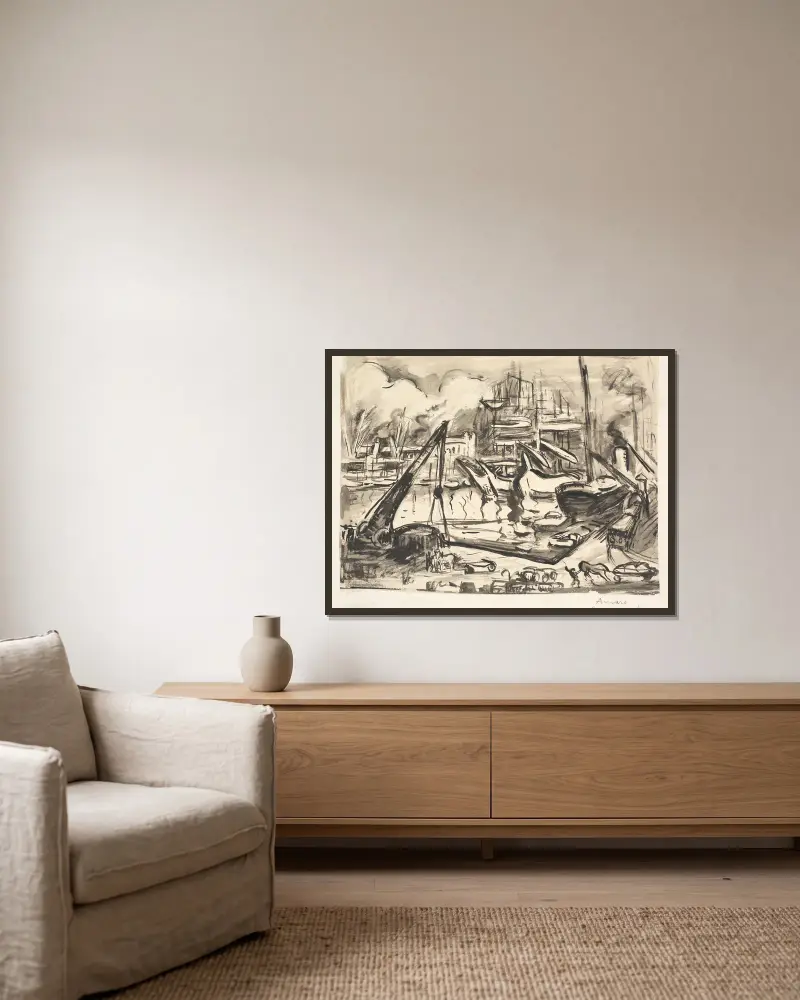 Havnebassängen Kattendijk i Antwerpen av Emile Othon Friesz inramad på en vägg