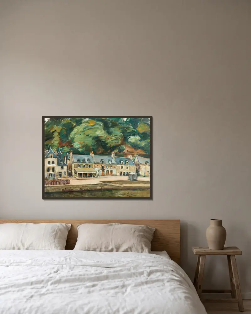 Hus vid floden av Emile Othon Friesz inramad på en vägg