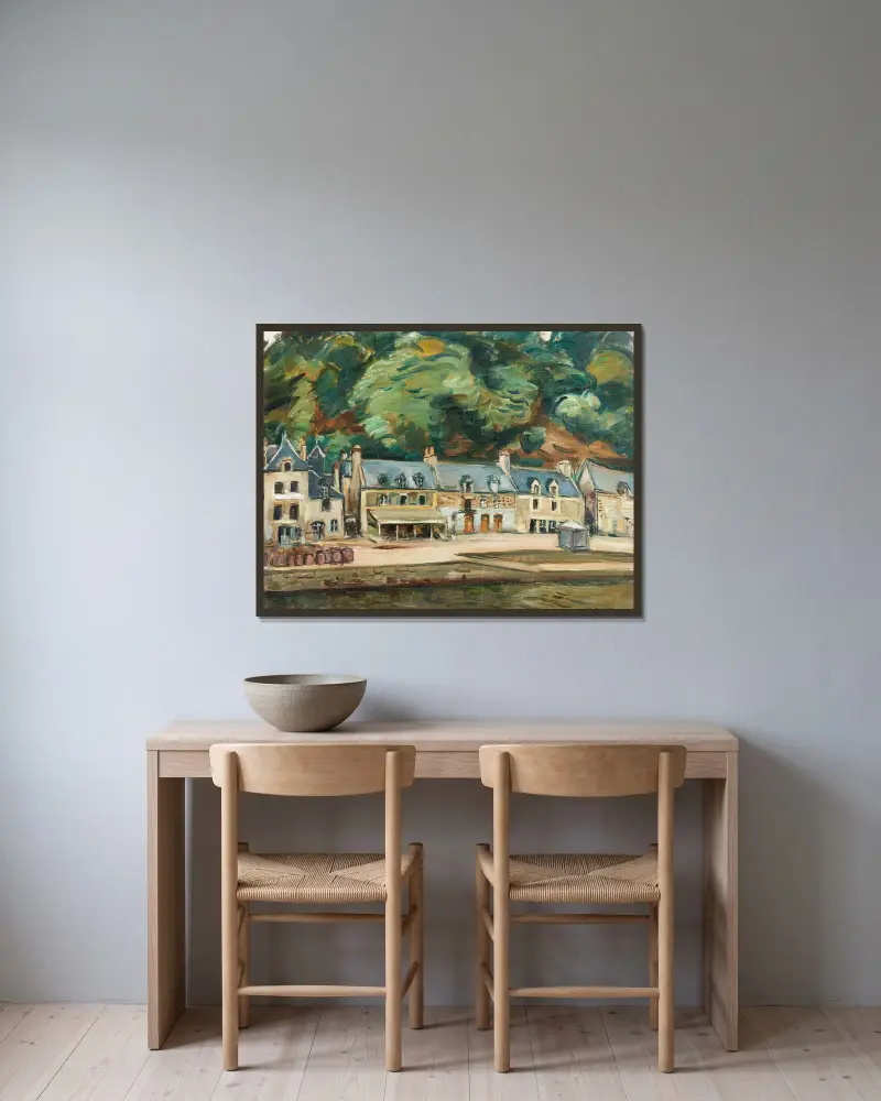 Hus vid floden av Emile Othon Friesz inramad på en vägg