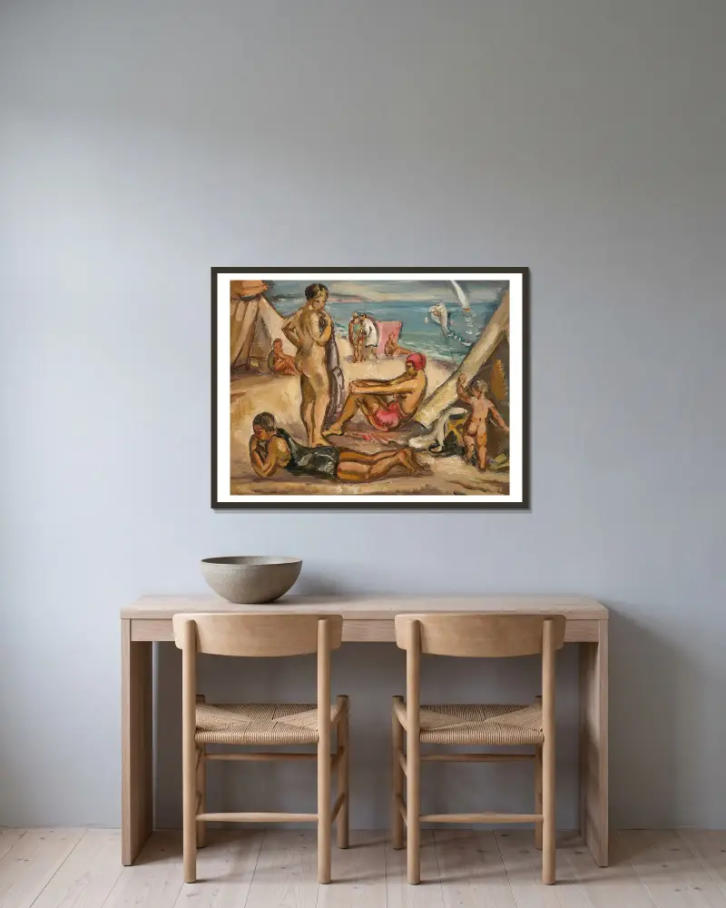 Livlig scen; badande, draken av Emile Othon Friesz inramad på en vägg