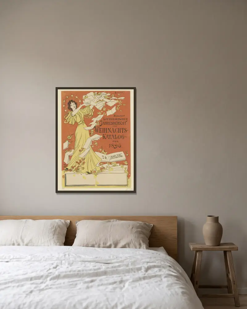Titel zu Seemanns Literarischem Jahresbericht und Weihnachtskatalog für 1896 von Otto Eckmann gerahmt an einer Wand