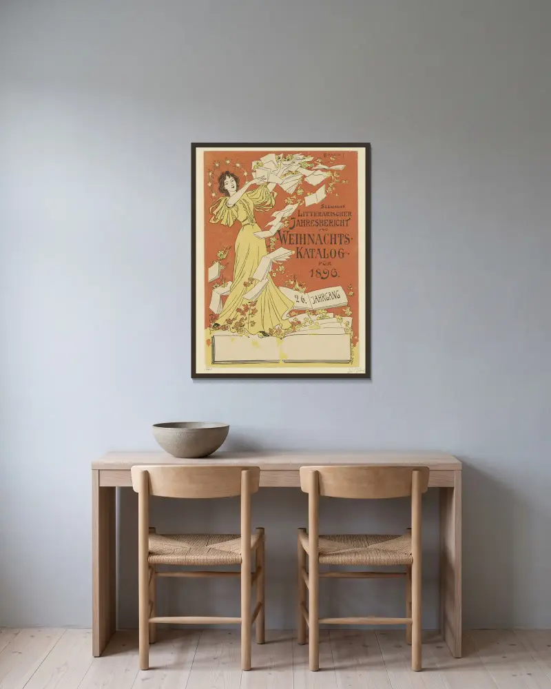 Titel zu Seemanns Literarischem Jahresbericht und Weihnachtskatalog für 1896 von Otto Eckmann gerahmt an einer Wand