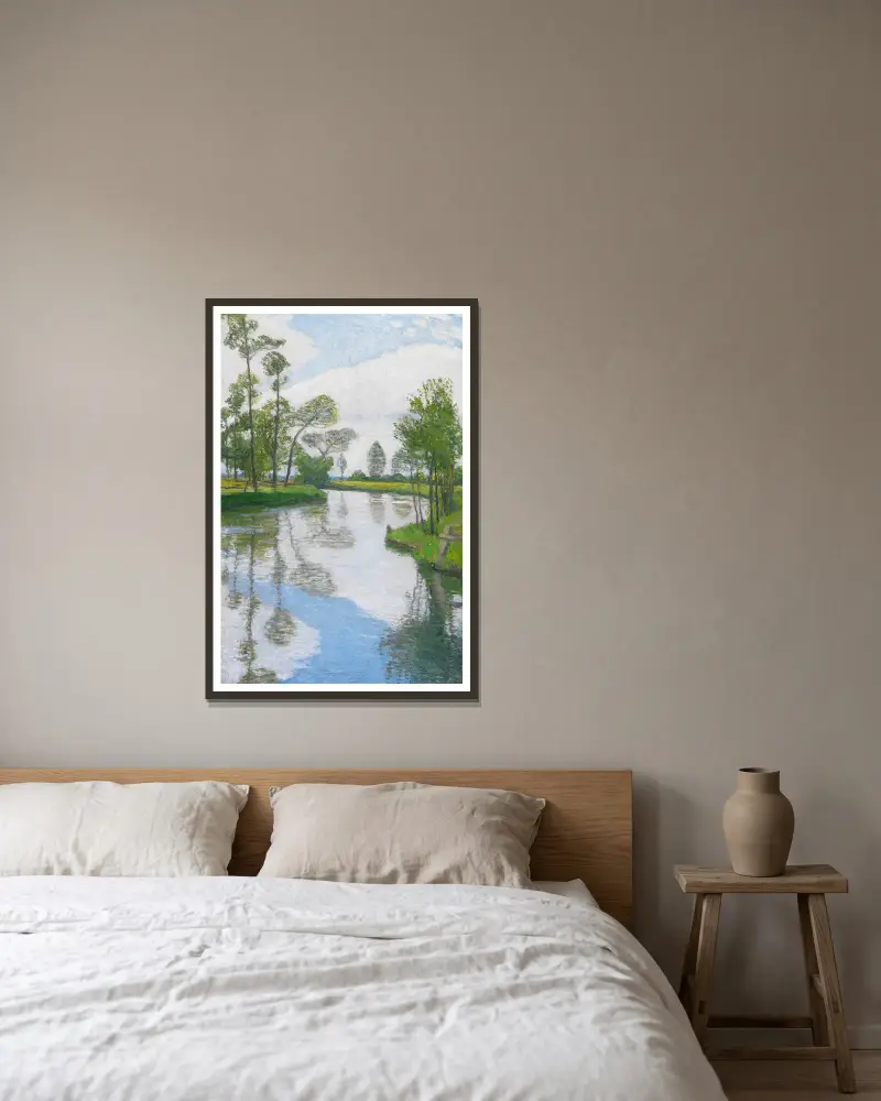 Flußufer av Otto Modersohn inramad på en vägg