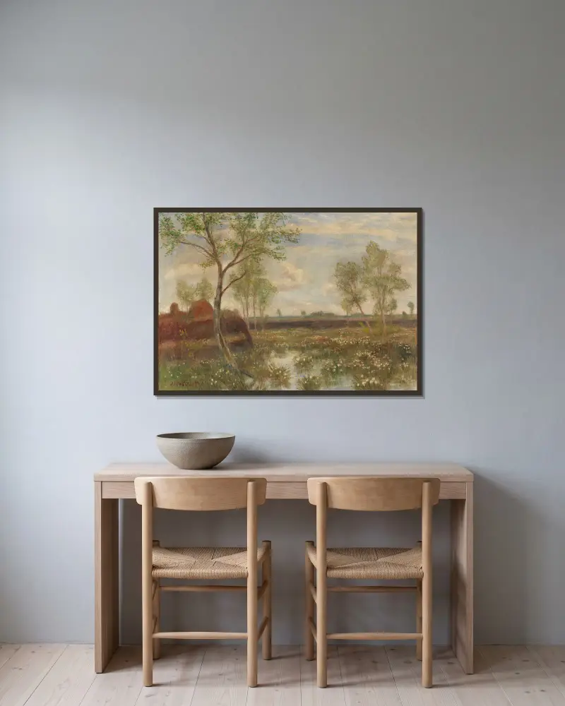 Landschaft bei Fischerhude (Frühling im Moor) av Otto Modersohn inramad på en vägg