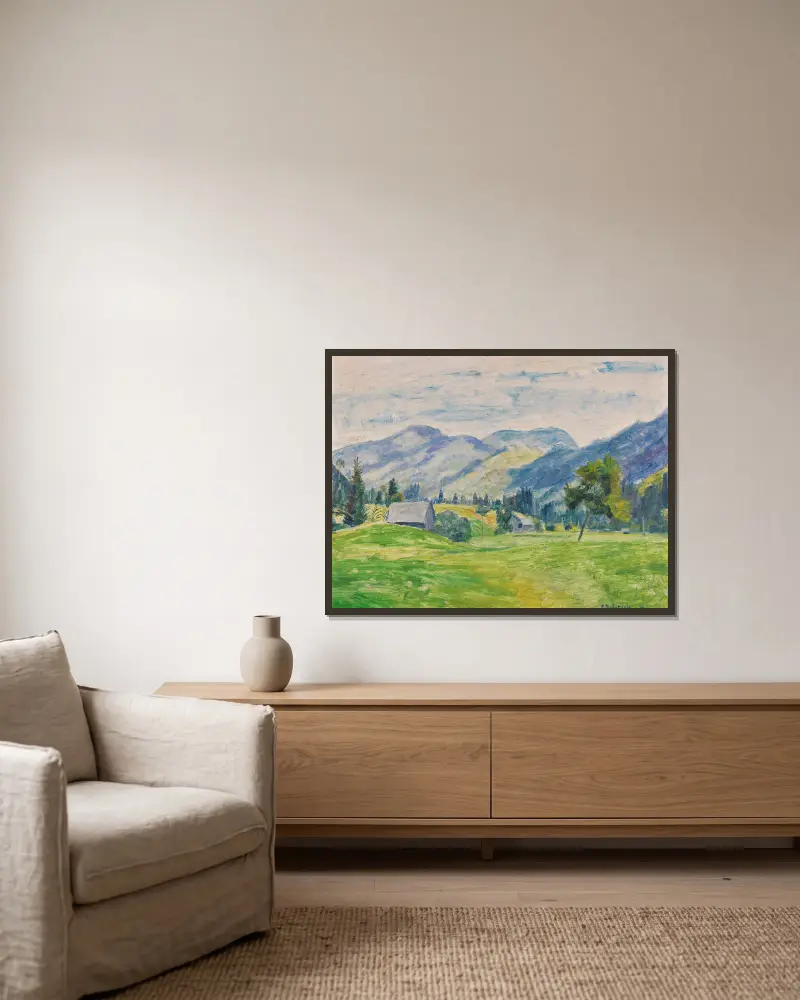 Světlý letní den v Allgäu (Unterjoch u Hindelangu), Otto Modersohn v rámu na stěně