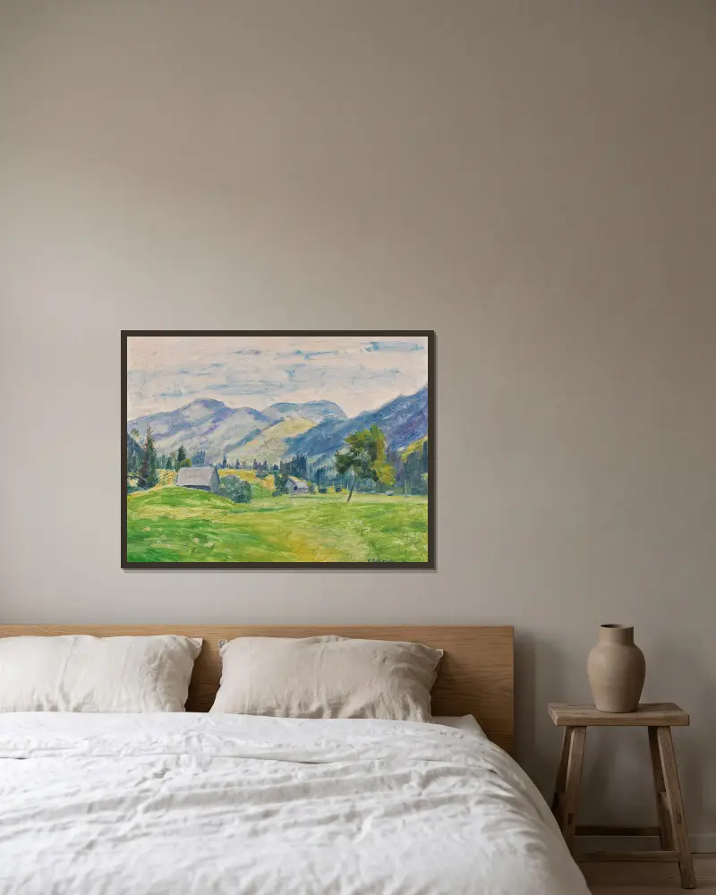 Světlý letní den v Allgäu (Unterjoch u Hindelangu), Otto Modersohn v rámu na stěně