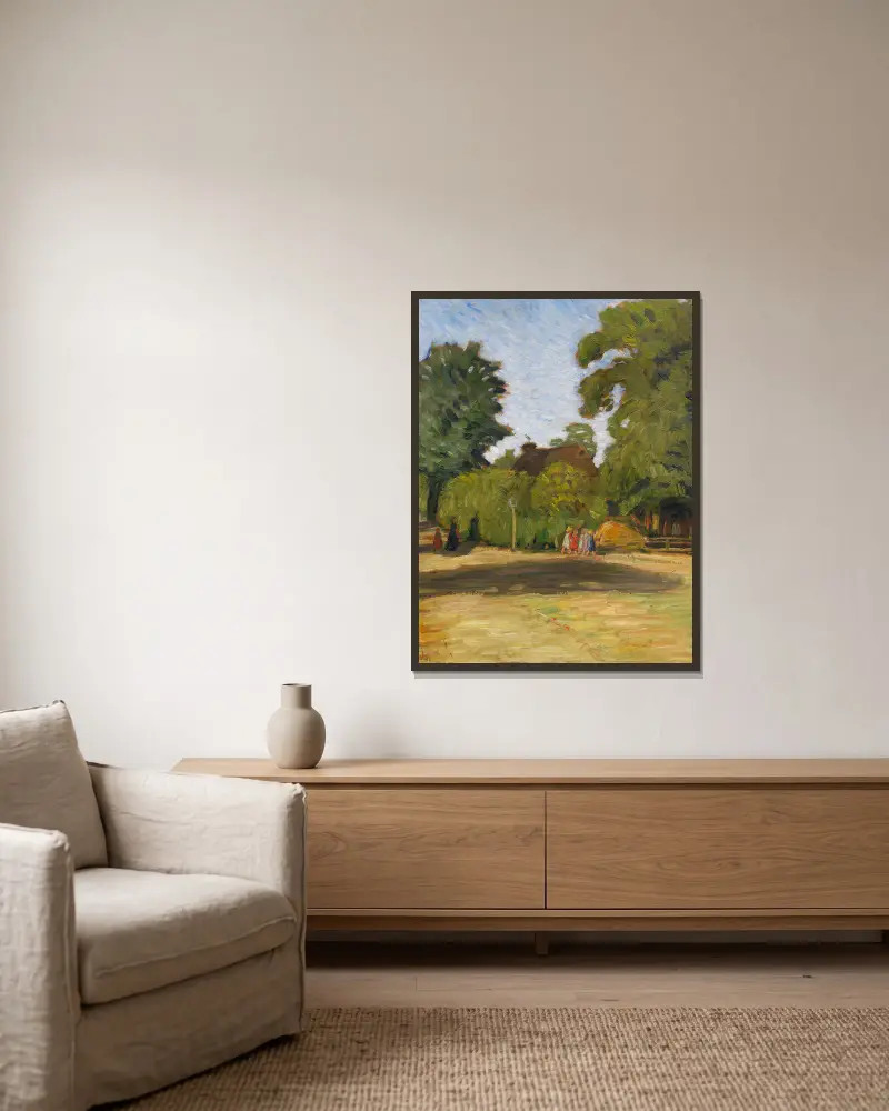 Sen sommaraftermiddag i Fischerhude med flickgrupp av Otto Modersohn inramad på en vägg