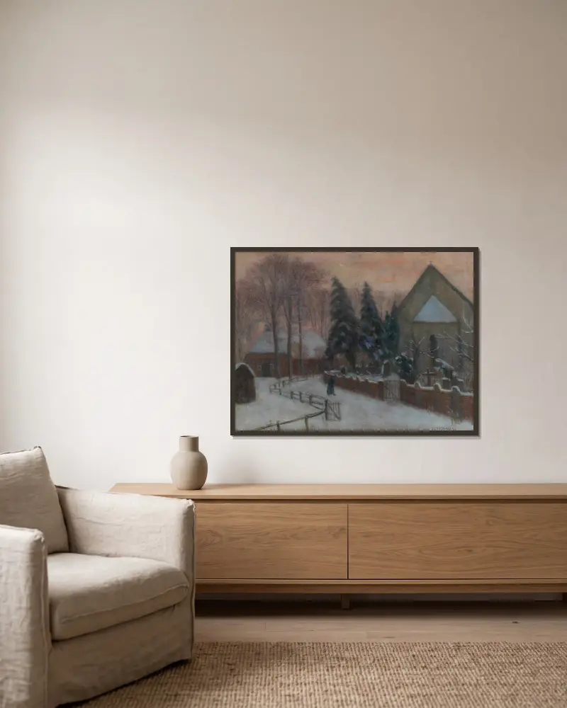 Vinterkväll, Fischerhude kyrka med hembygdsgård av Otto Modersohn inramad på en vägg