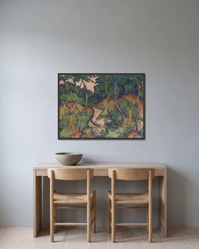 Badende in Landschaft av Otto Mueller inramad på en vägg