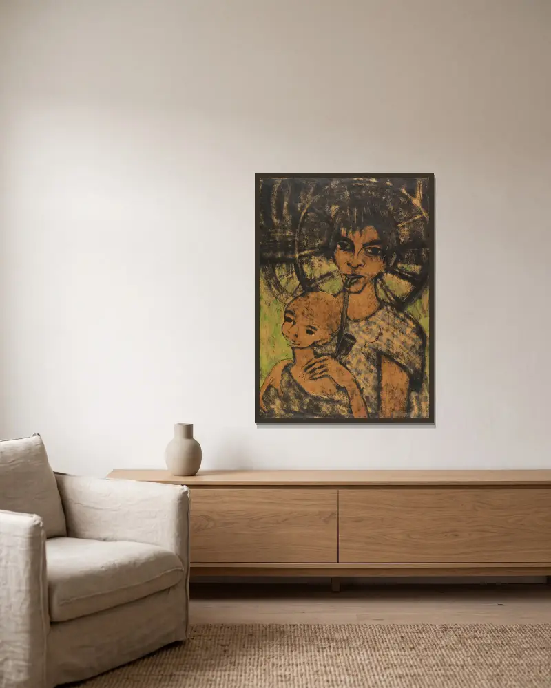 Zigeunermadonna (Zigeunerin mit Kind vorm Wagenrad) av Otto Mueller inramad på en vägg