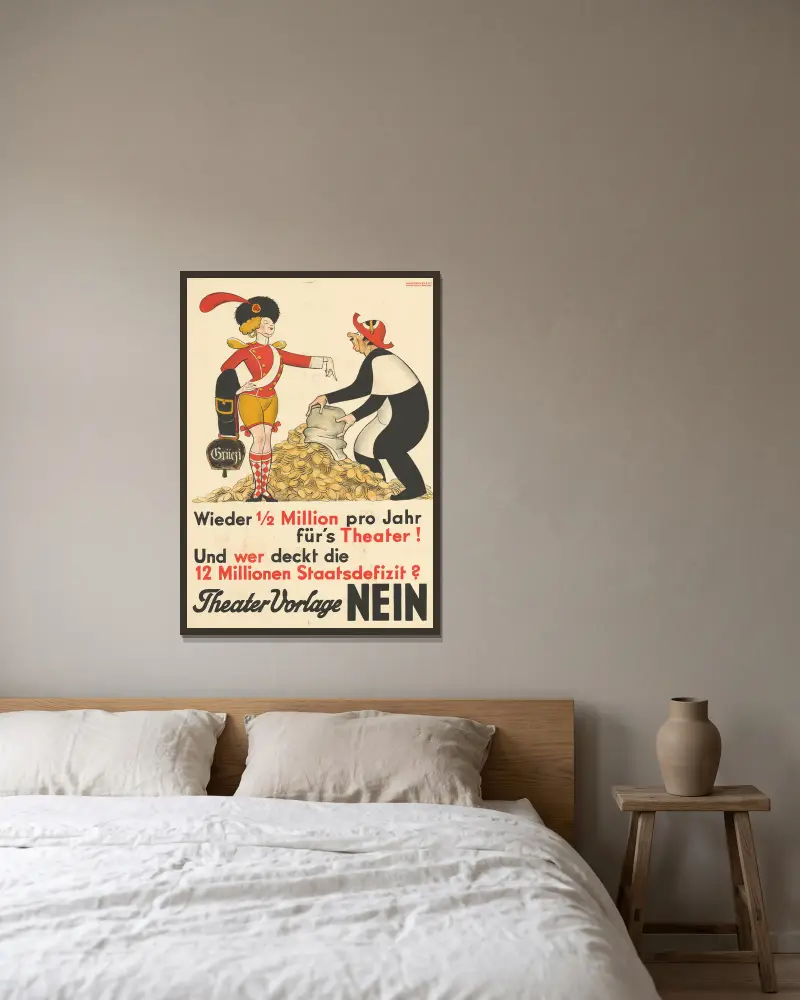 Theater Vorlage – Nein von Otto Plattner gerahmt an einer Wand
