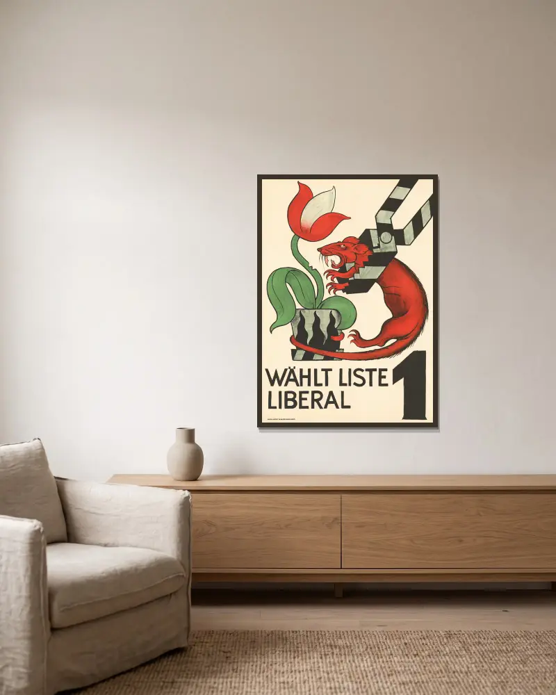 Wählt Liste 1 – Liberal von Otto Plattner gerahmt an einer Wand
