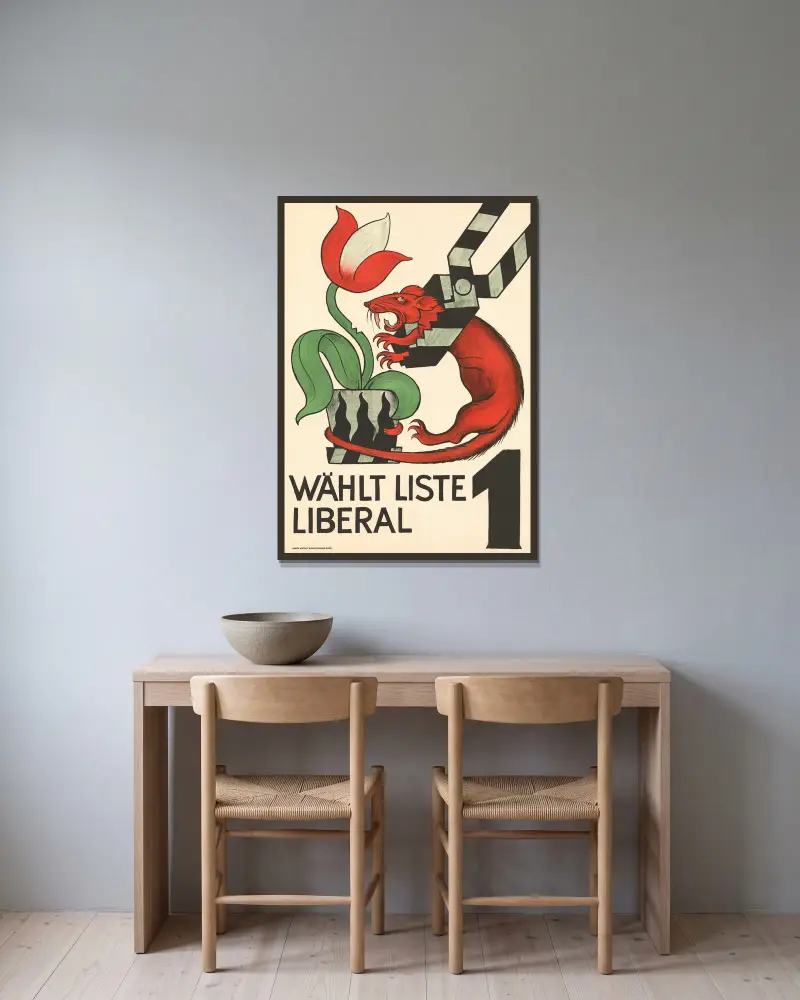 Wählt Liste 1 – Liberal von Otto Plattner gerahmt an einer Wand