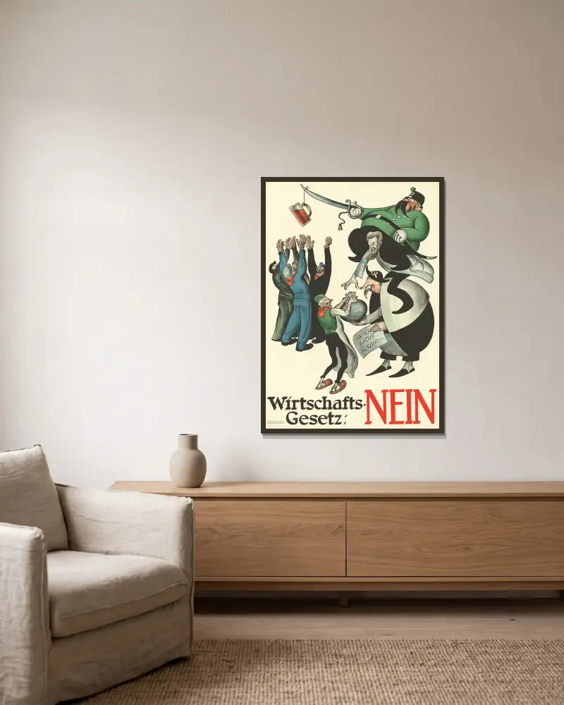 Wirtschaftsgesetz; Nein von Otto Plattner gerahmt an einer Wand