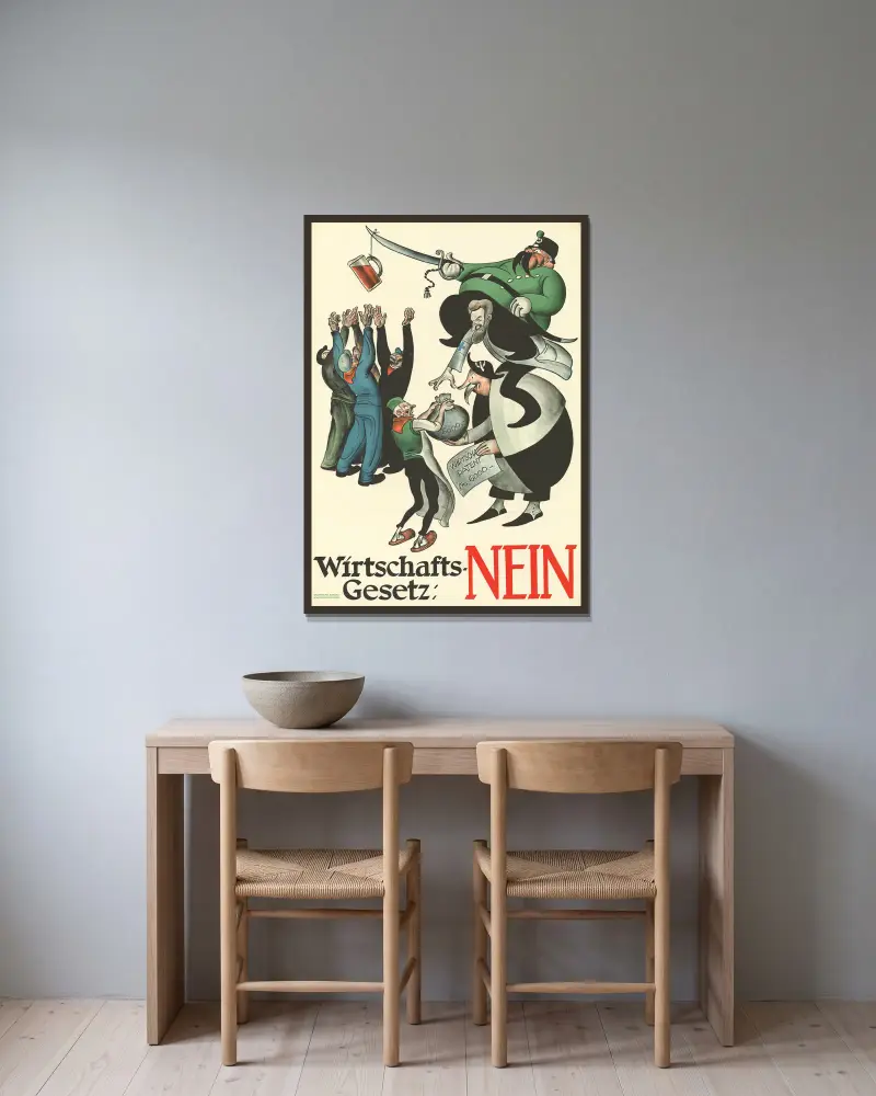 Wirtschaftsgesetz; Nein von Otto Plattner gerahmt an einer Wand
