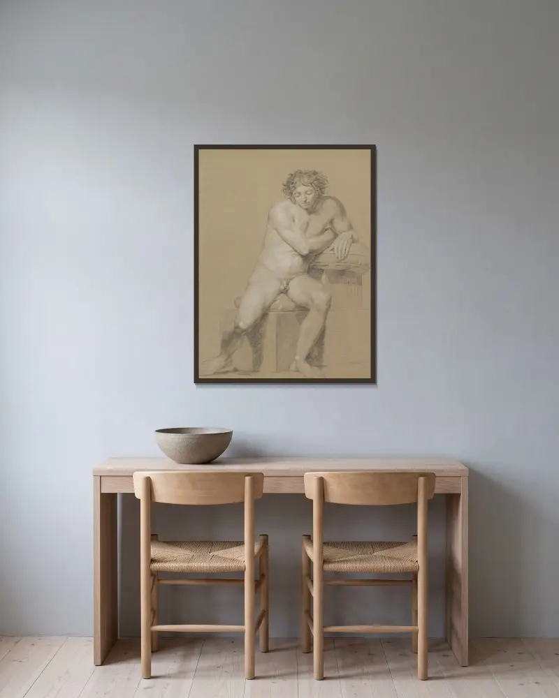 Studie av sittande manlig nakenmodell av Philipp Otto Runge inramad på en vägg