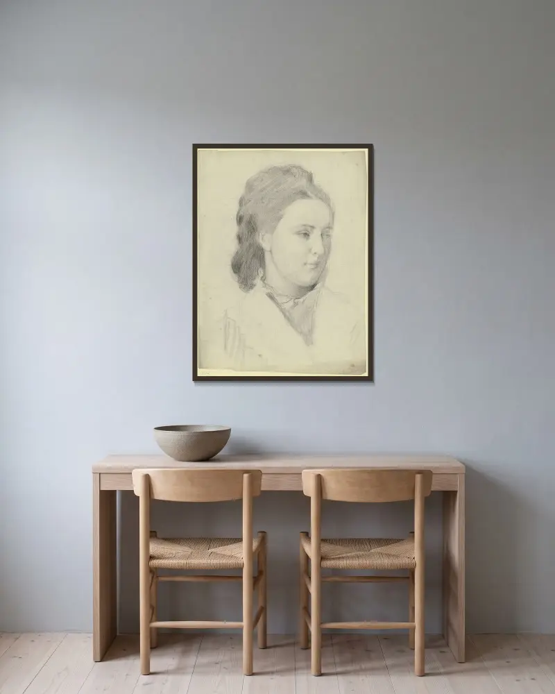 Bildnis einer jungen Frau in Dreiviertelansicht von Otto Scholderer gerahmt an einer Wand